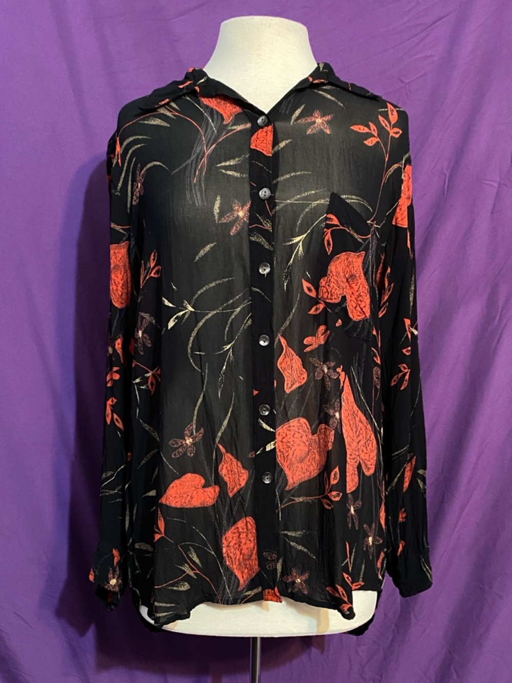 Vintage 90s Chico's Black Rayon Button-Front Blouse with Red Leaves. Size 2X.